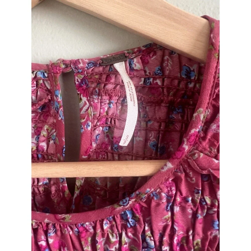 Free People Pink Floral Short Sleeve Smocked Stretch Mini Dress Women's S/P - Picture 3 of 8